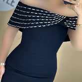 2025 New Black Women Sexy Slash Meck Off the Shoulder Shinning Crystal Bodycon Long Bandage Dress Elegant Evening Party Dress